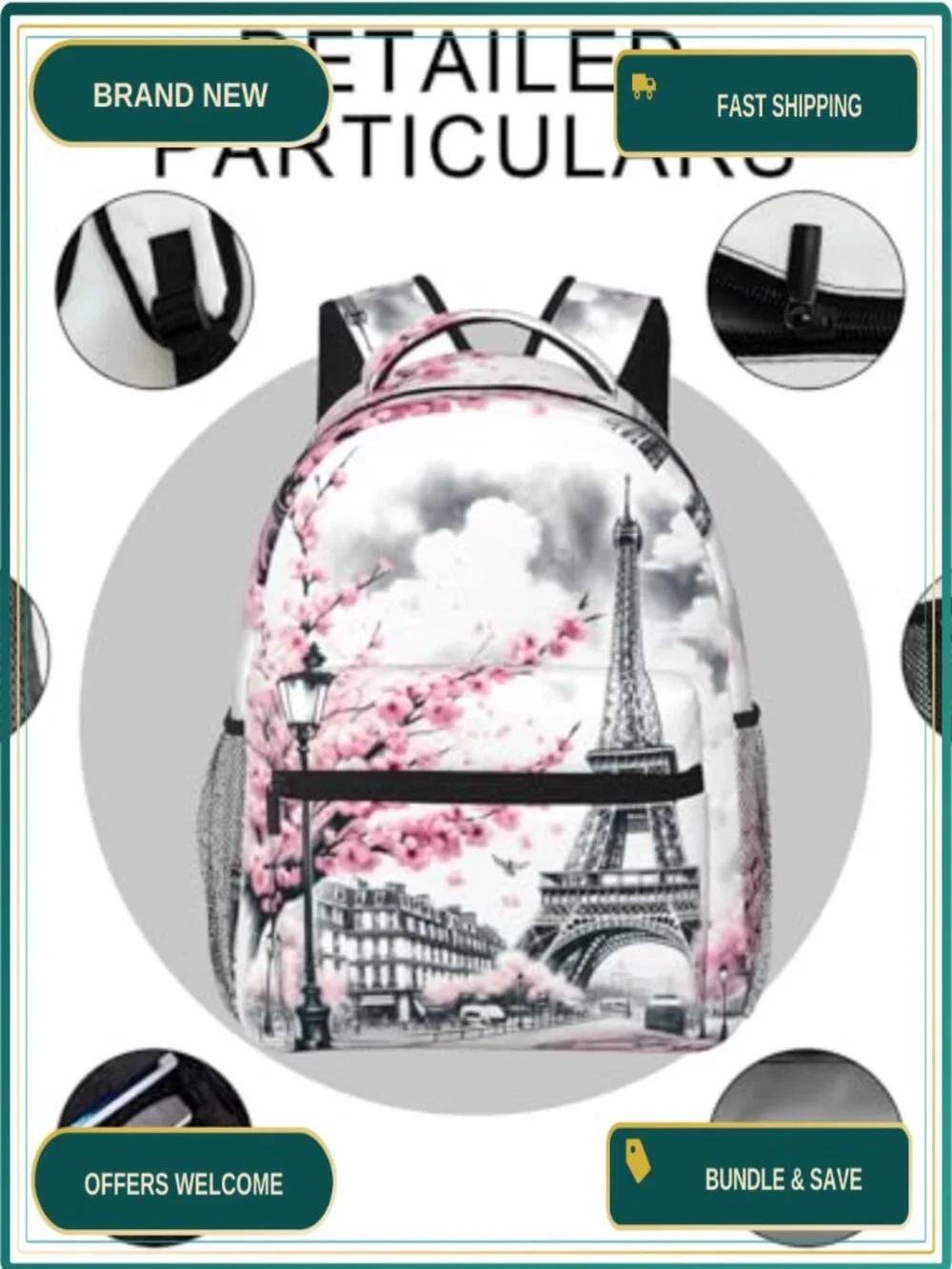Paris Backpack for Women Girls Travel School Work, Lightweight Laptop Daypack,